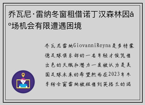 乔瓦尼·雷纳冬窗租借诺丁汉森林因出场机会有限遭遇困境
